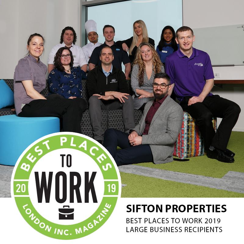 2019 Best places to work logo, featuring an image of some of the Sifton team members