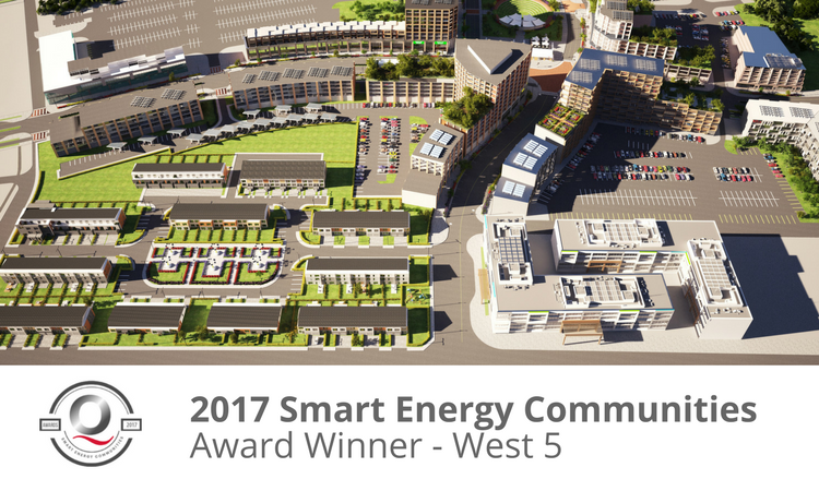 2017 award winner for Smart Energy Communities logo, with rendering of West 5
