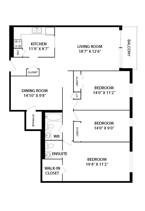 2D 2 Bedroom, 1,278 sq. ft Floorplan