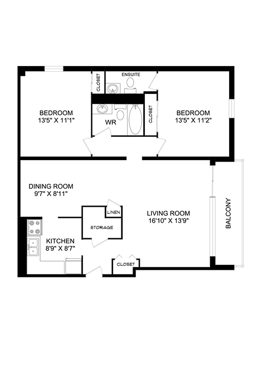 1F 1 Bedroom, 760 sq. ft Floorplan