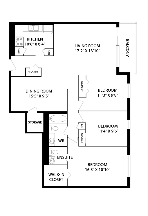 2A 2 Bedroom, 1,010 sq. ft Floorplan