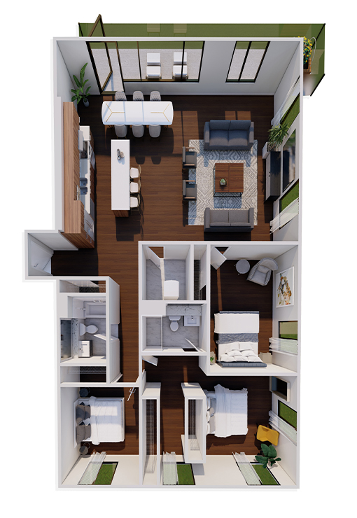 COPPER – 2 BEDROOM + 2 BATH + DEN 1,210 – 1,499 SQ. FT Floorplan