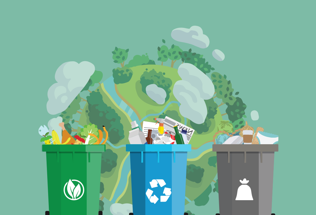 A graphic of three bins - compost, recycling and garbage - in front of a stylized earth