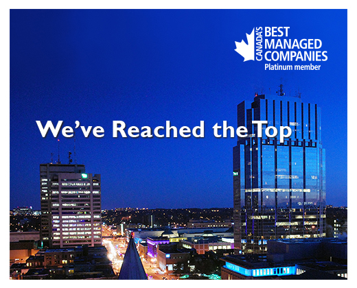 Best managed companies platinum member photo, featuring a city skyline and the tagline 'we've reached the top'