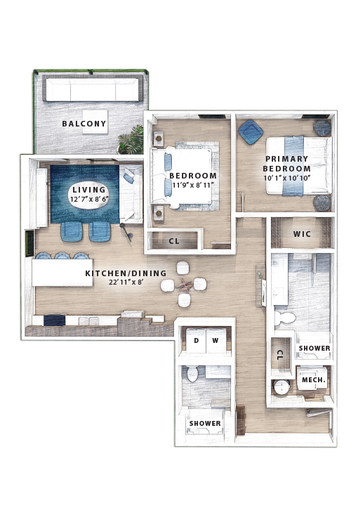 River - 1-2 Bedroom + Den Floorplan