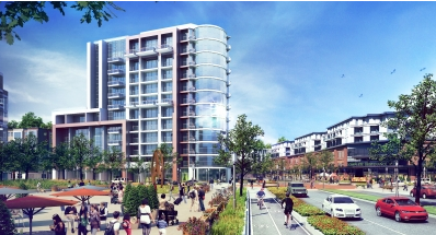 Rendering of West 5 main street, with large apartment buildings and busy park